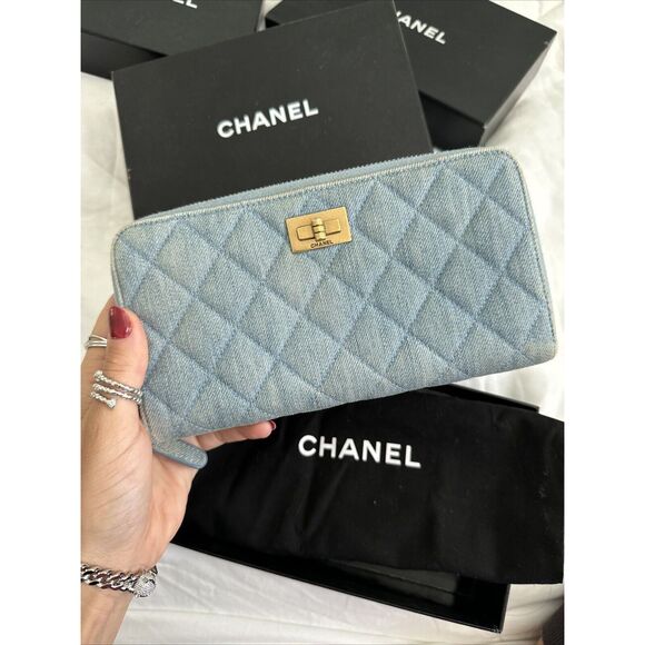 CHANEL Denim Quilted Zip Around Wallet W/Box & Dust Bag - Picture 1 of 16